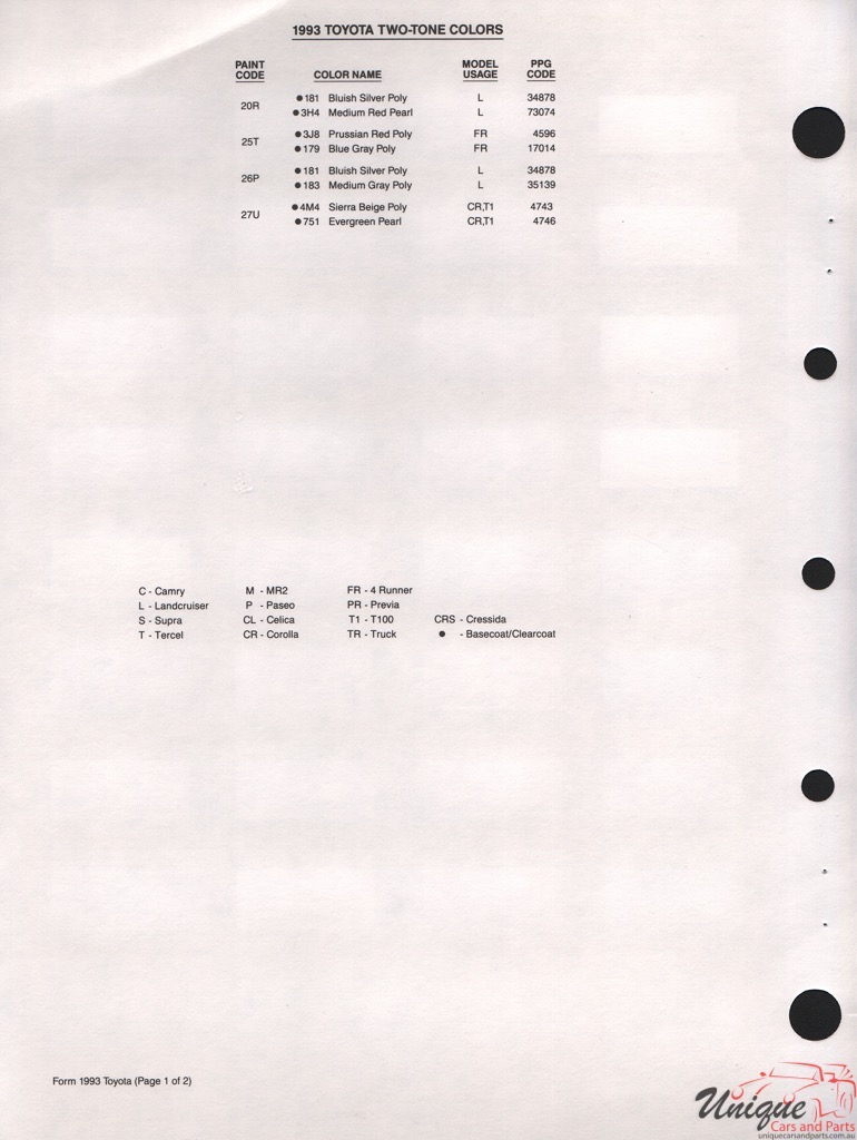 1993 Toyota Paint Charts PPG 3
